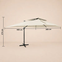 Dimensions diagram of the Sirocco XL rectangular cantilever umbrella showing 400cm x 300cm canopy and 274cm height