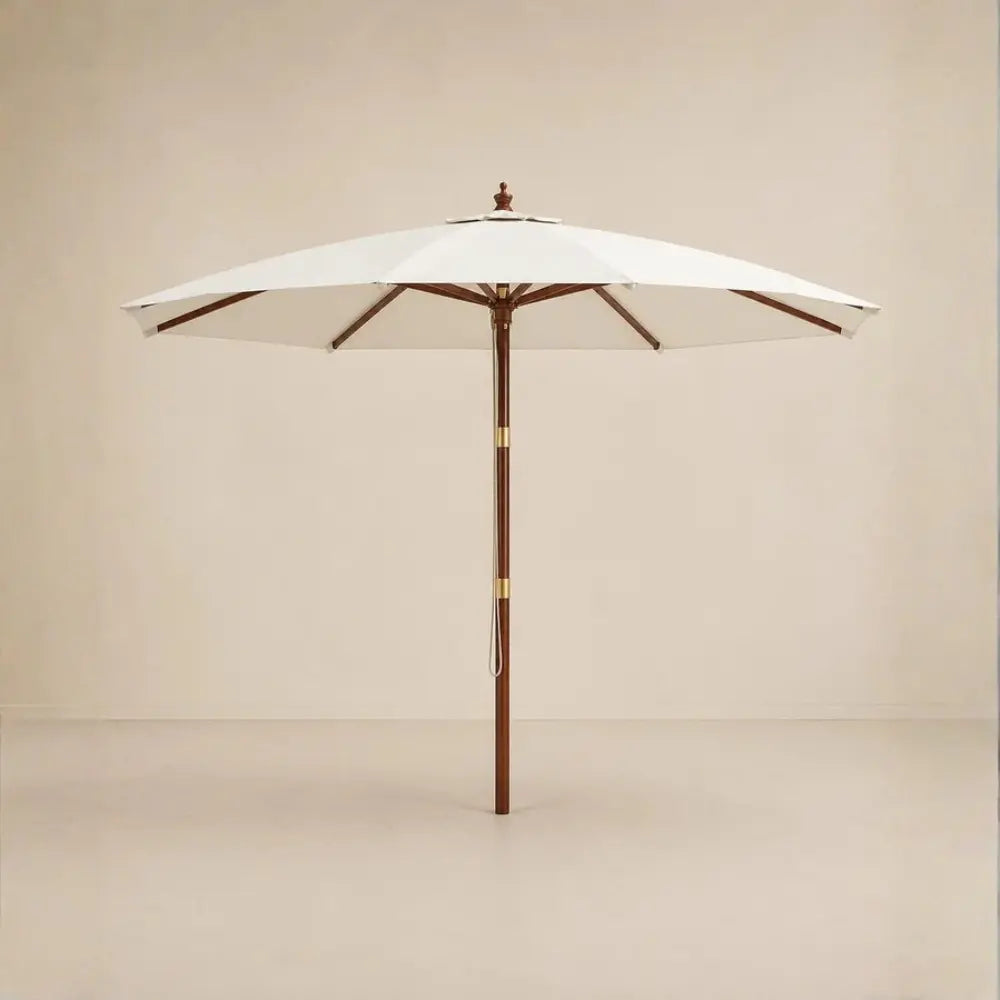 Full product view of the Domaine 3.5m large market umbrella with off-white canopy, carved hardwood finial and brass collar