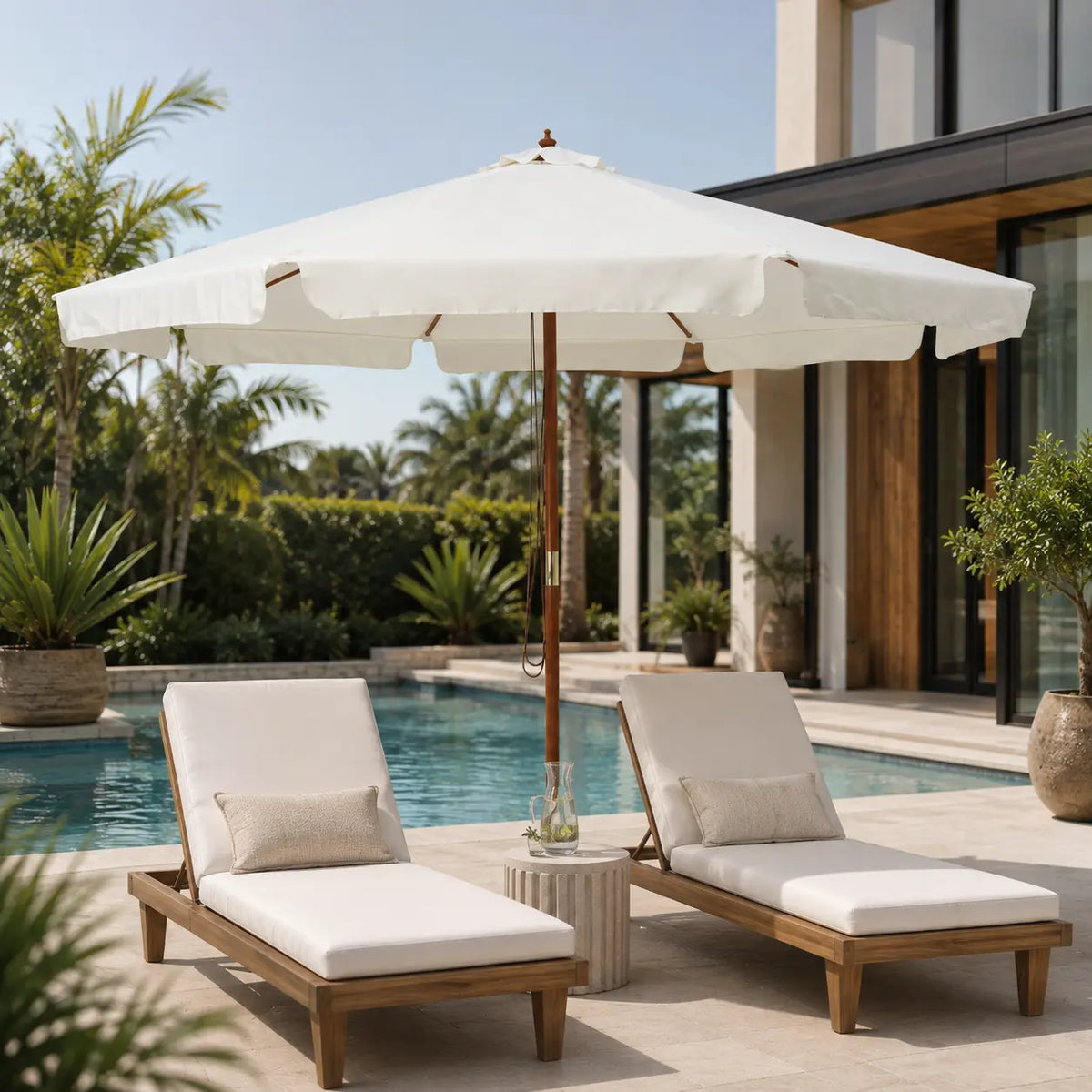 Sand white market umbrella providing shade over timber sun loungers beside an outdoor pool