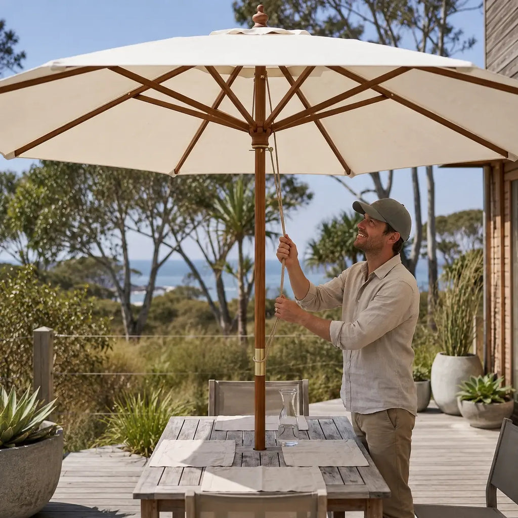 Man opening the rope-and-pulley mechanism of the 3m sand market umbrella on a coastal timber deck in Australia