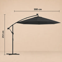 Round cantilever umbrella 3m diameter 254cm height with cross base and solar panel – Maestro Black dimensions