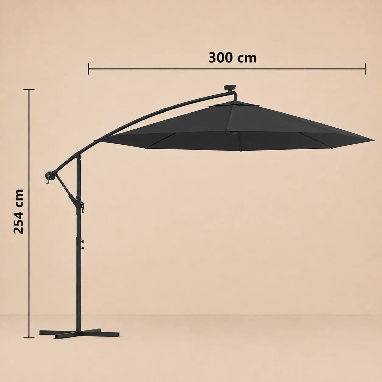 Round cantilever umbrella 3m diameter 254cm height with cross base and solar panel – Maestro Black dimensions