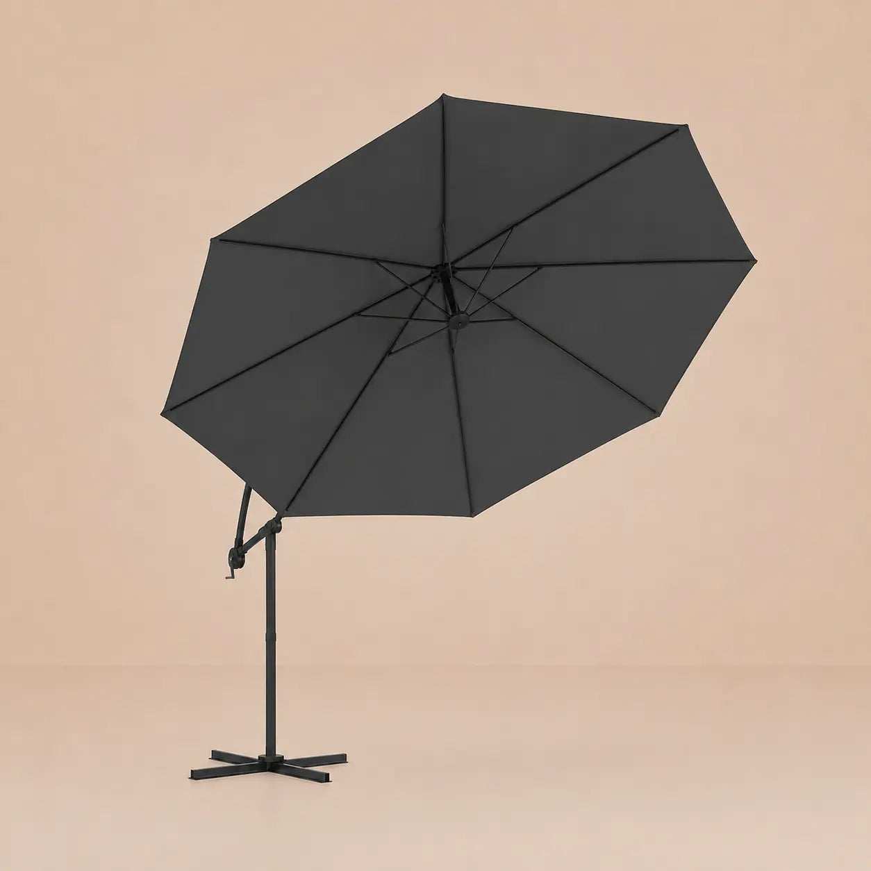 Round cantilever umbrella 3.5m Anthracite bottom view showing 8-panel canopy and rib structure – Gregal