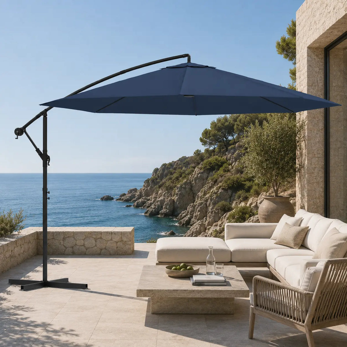 Round cantilever umbrella 3.5m Blue shading outdoor lounge on coastal stone terrace – Marin