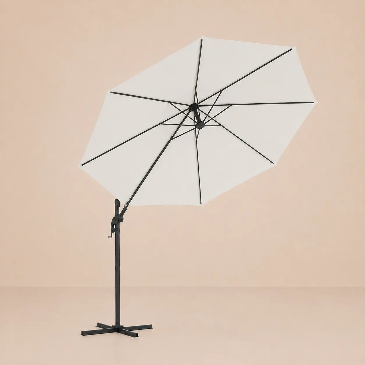 Round cantilever umbrella 3.5m Sand White bottom view showing 8-panel canopy and rib structure – Zephyr