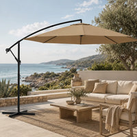 Round cantilever umbrella 3.5m Taupe shading outdoor lounge on terrace by the sea – Bora