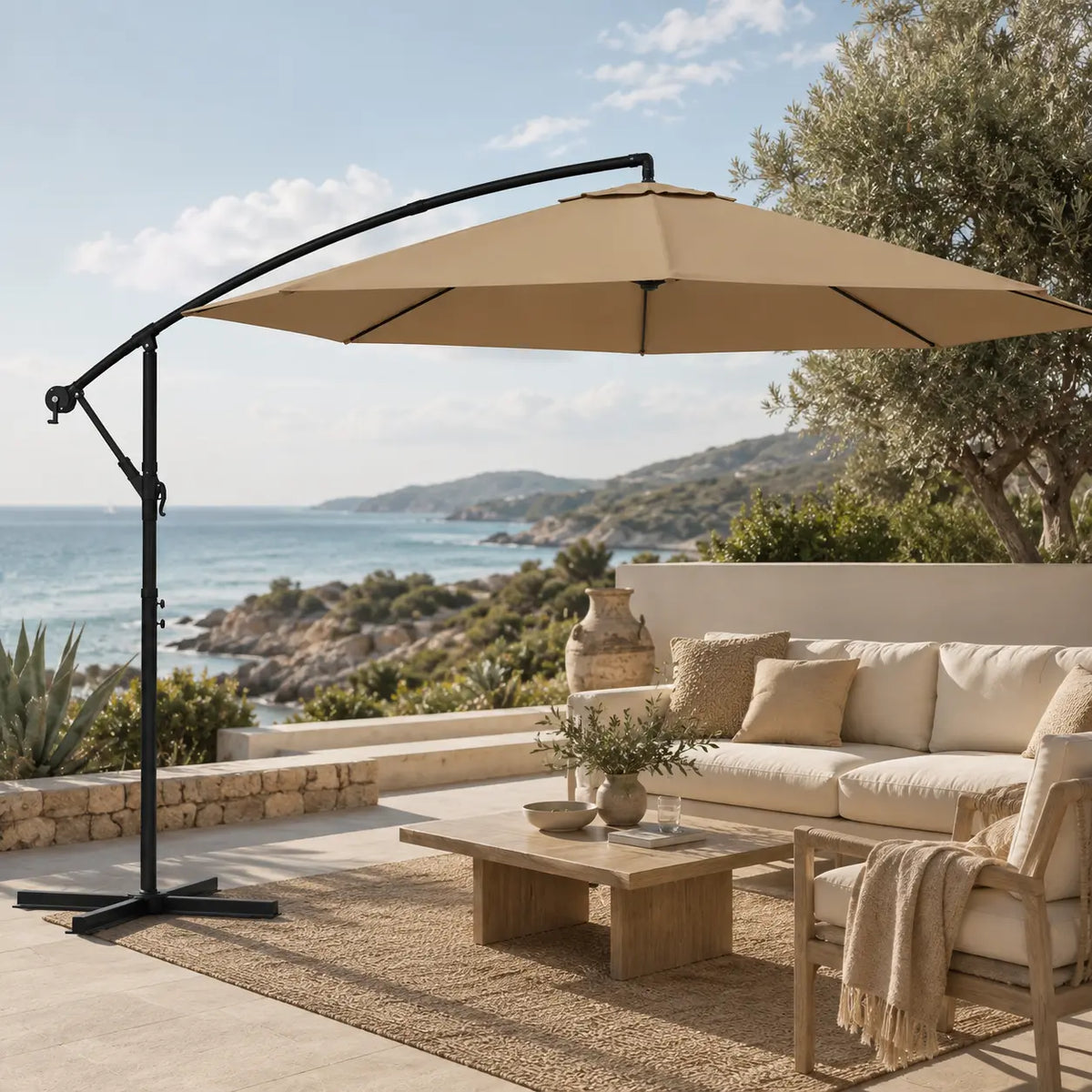 Round cantilever umbrella 3.5m Taupe shading outdoor lounge on terrace by the sea – Bora
