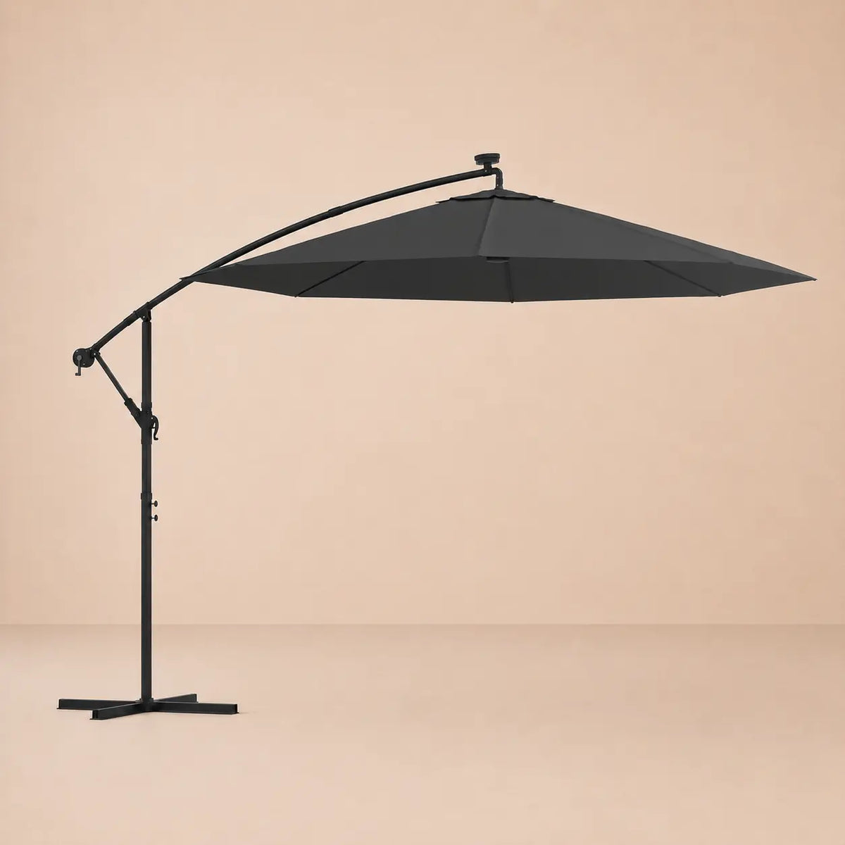 Round cantilever umbrella 3m Anthracite fully open side view with solar panel and adjustable tilt arm – Libeccio
