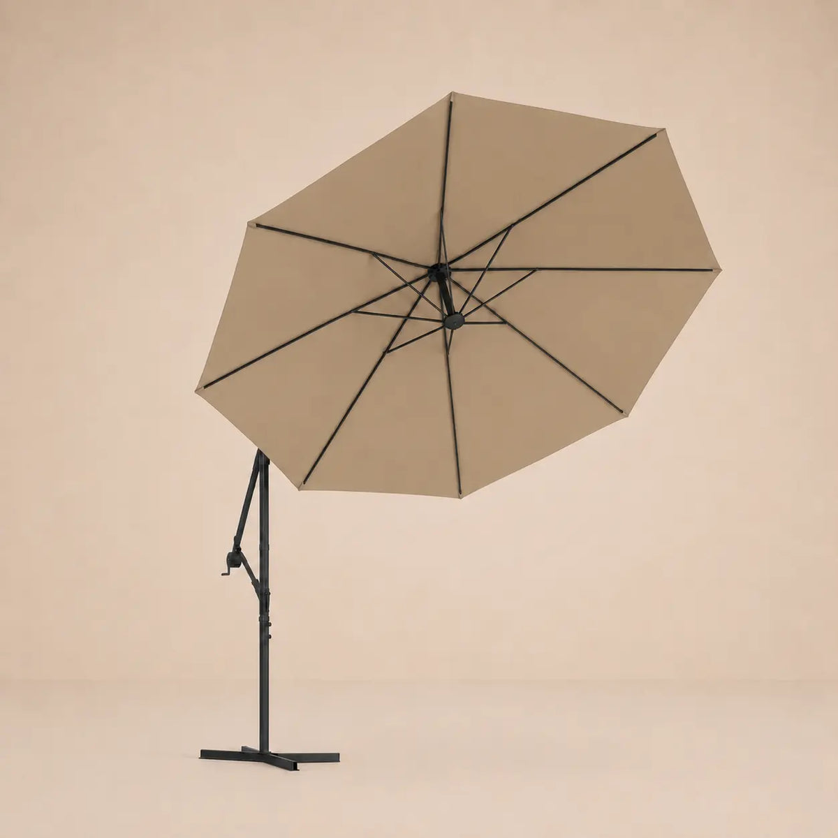 Round cantilever umbrella 3m Taupe bottom view showing 8-panel canopy and LED rib structure – Meltem