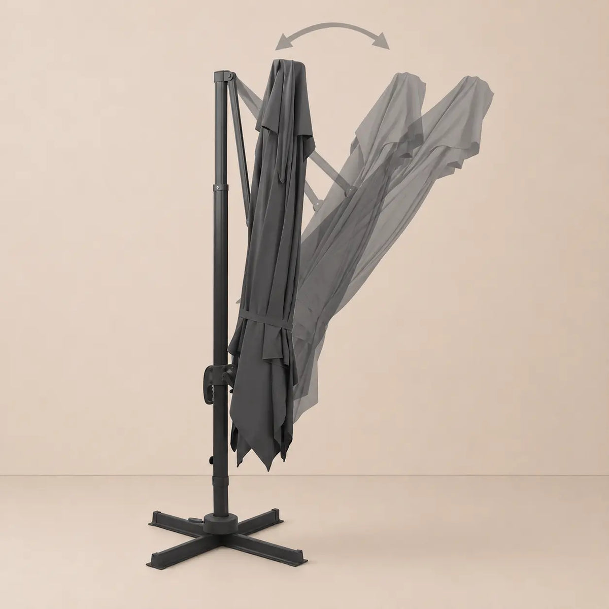 Tilt function of the 3x3m anthracite cantilever umbrella allowing adjustable shade angles throughout the day