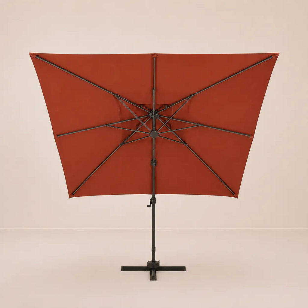 Underneath view of a 3x4m rectangular terracotta cantilever umbrella – double canopy with 8-spoke aluminium rib frame