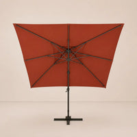 Underneath view of a 3x4m rectangular terracotta cantilever umbrella – double canopy with 8-spoke aluminium rib frame