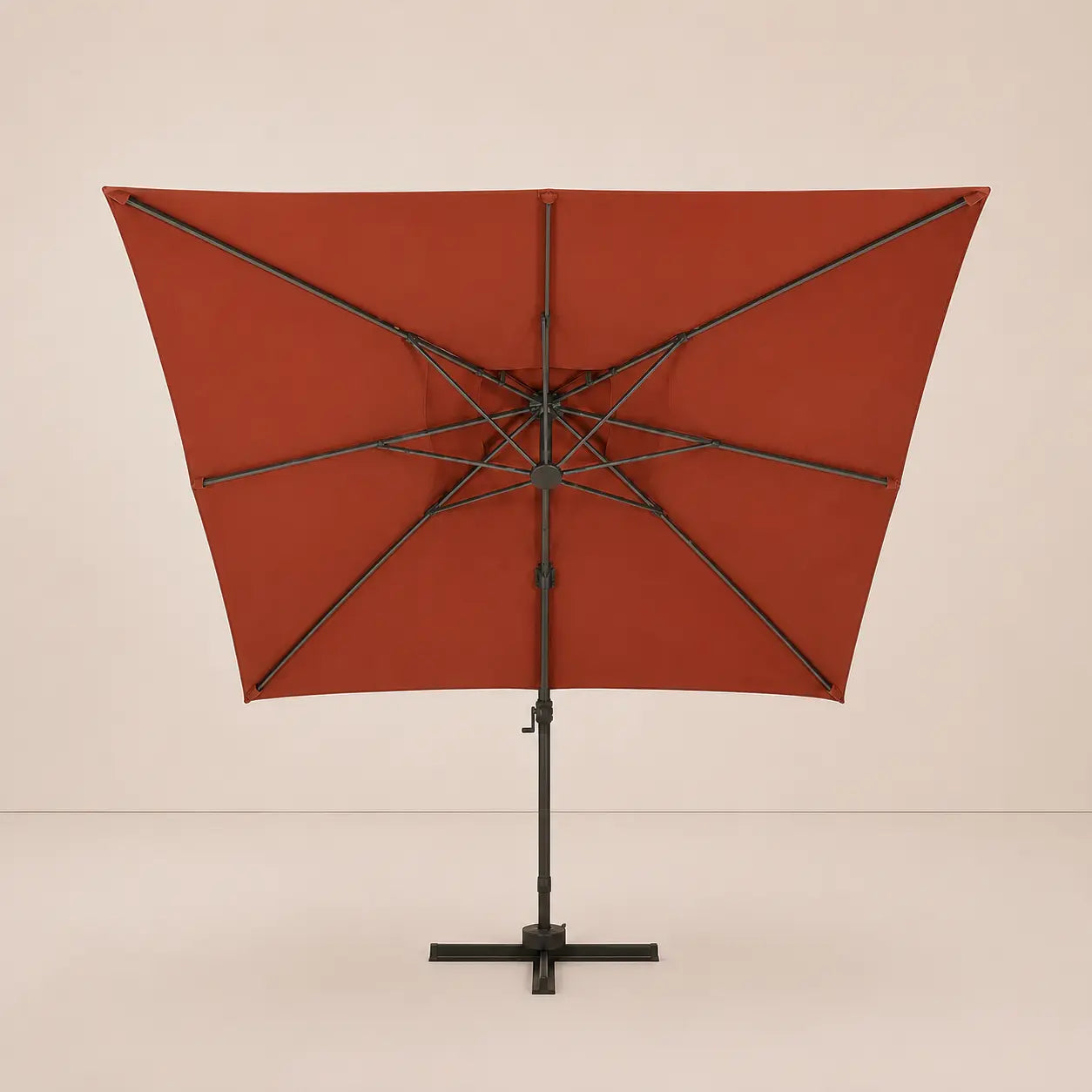 Underneath view of a 3x4m rectangular terracotta cantilever umbrella – double canopy with 8-spoke aluminium rib frame