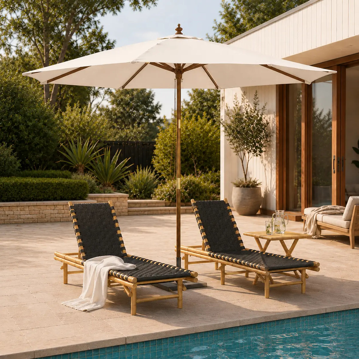 Off-white large market umbrella with hardwood pole providing shade over two pool loungers beside an Australian backyard pool