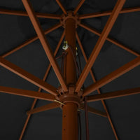 Underside view of an anthracite market umbrella showing hardwood rib frame, double pulley rope mechanism and brass fittings