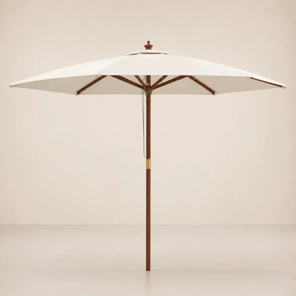 Full product view of the Mas 3m round market umbrella with sand canopy, carved hardwood finial and brass fitting
