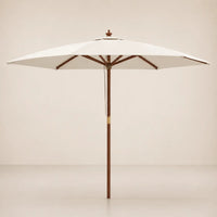 Full product view of the Mas 3m round market umbrella with sand canopy, carved hardwood finial and brass fitting