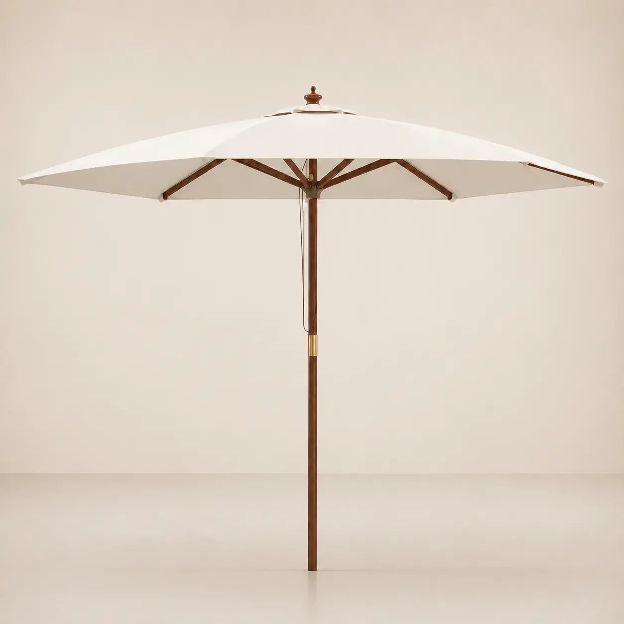 Full product view of the Mas 3m round market umbrella with sand canopy, carved hardwood finial and brass fitting