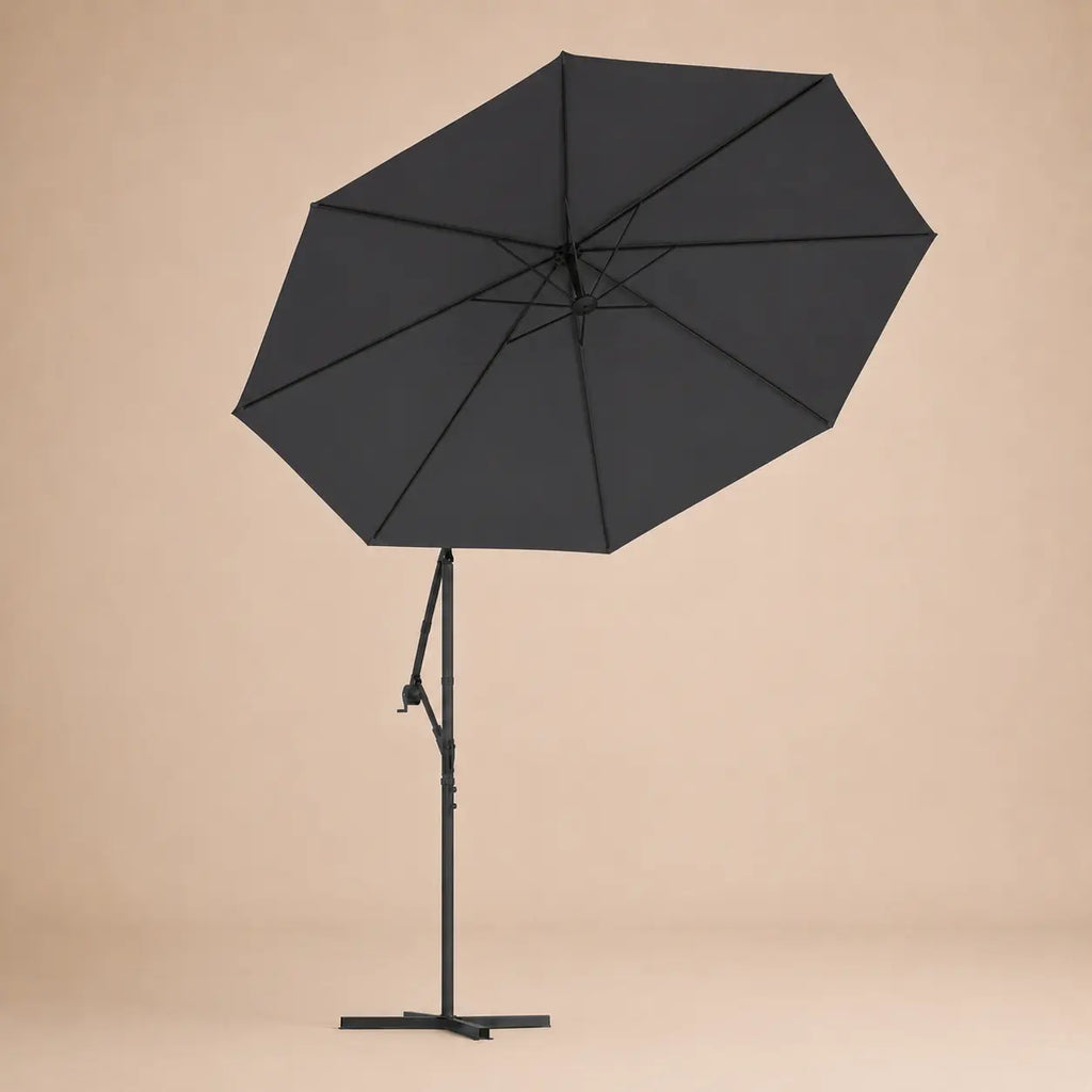 Round cantilever umbrella 3m Black bottom view showing 8-panel canopy and LED rib structure – Maestro