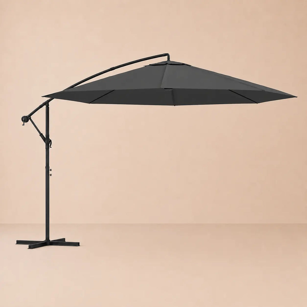Round cantilever umbrella 3.5m Anthracite fully open side view with vented canopy and crank arm – Gregal