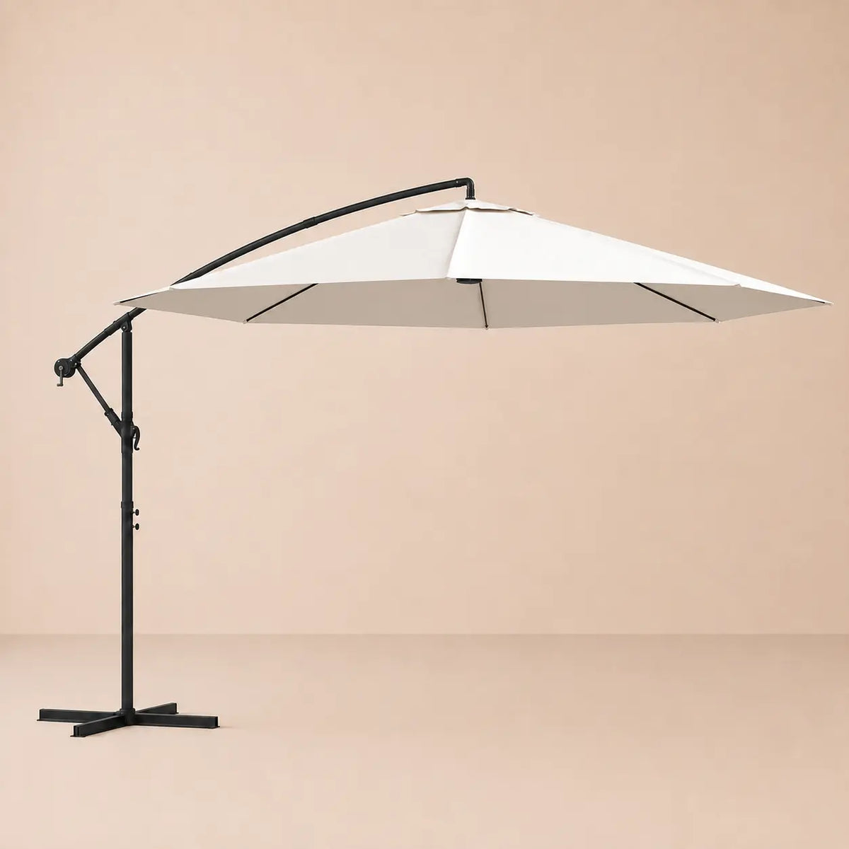 Round cantilever umbrella 3.5m Sand White fully open side view with vented canopy and crank arm – Zephyr