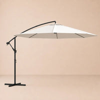Round cantilever umbrella 3.5m Sand White fully open side view with vented canopy and crank arm – Zephyr