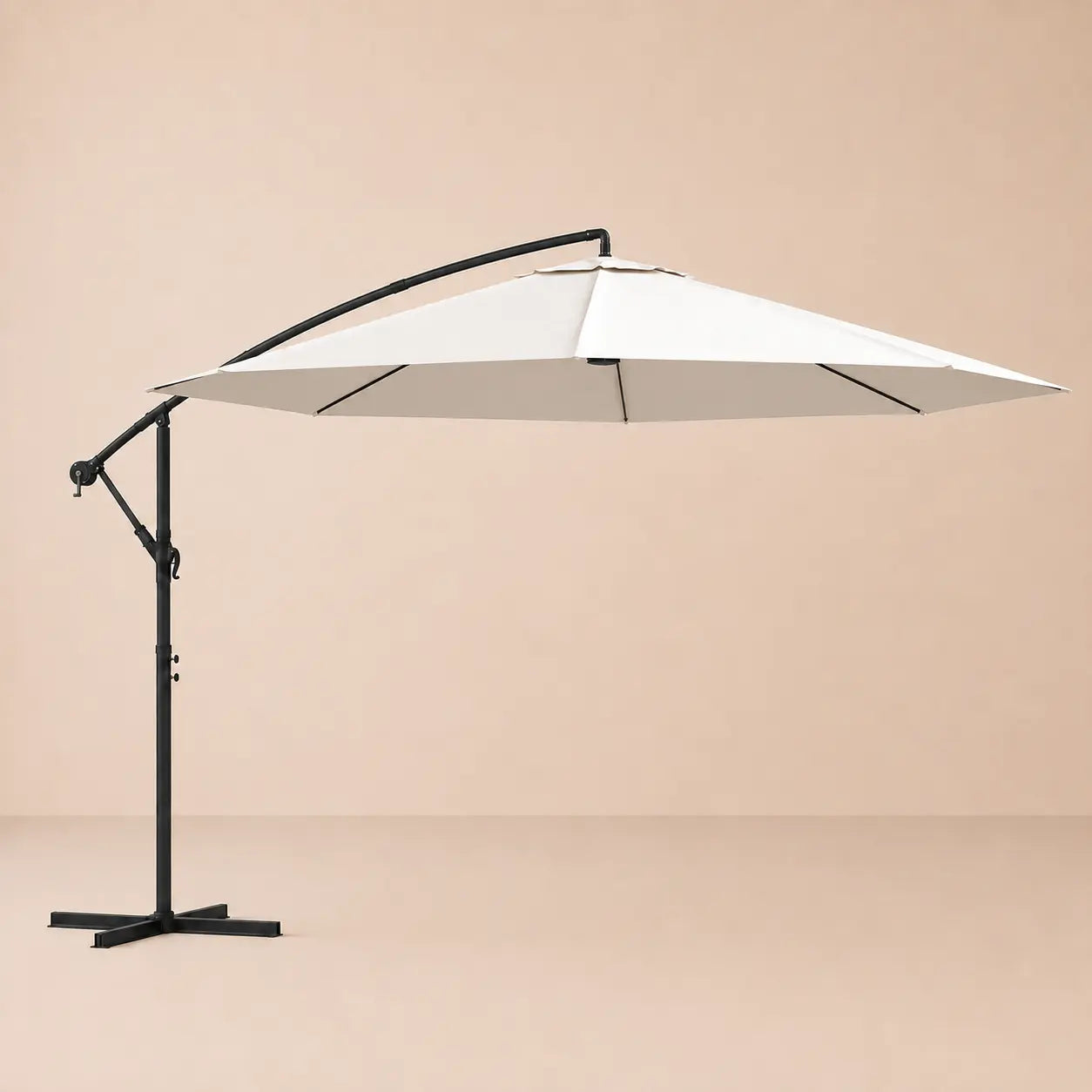 Round cantilever umbrella 3.5m Sand White fully open side view with vented canopy and crank arm – Zephyr