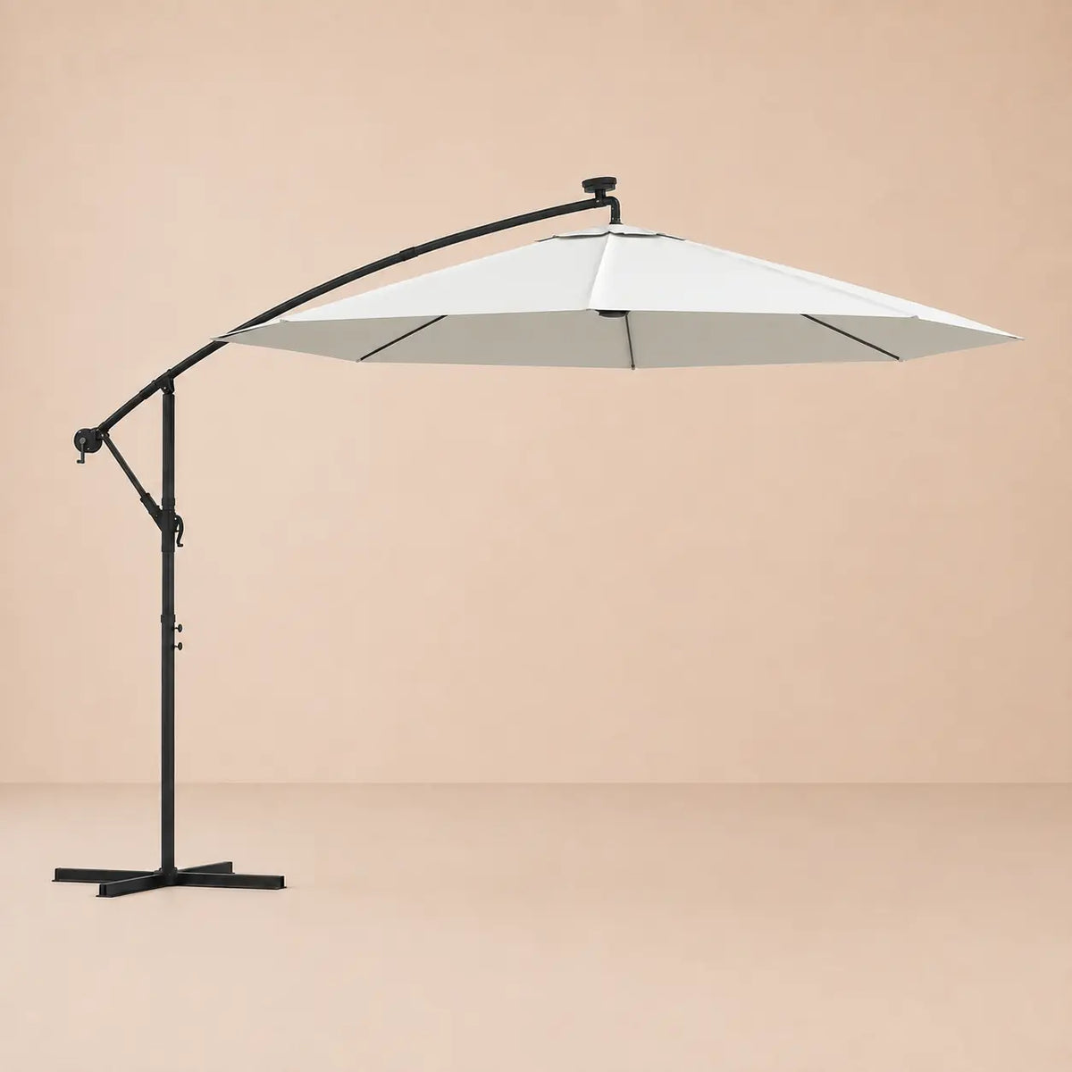 Round cantilever umbrella 3m Sand fully open side view with solar panel and vented canopy – Solano