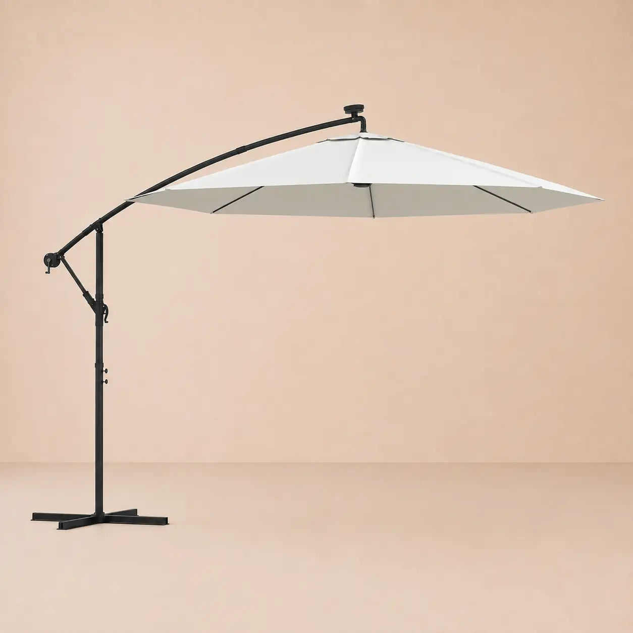 Round cantilever umbrella 3m Sand fully open side view with solar panel and vented canopy – Solano