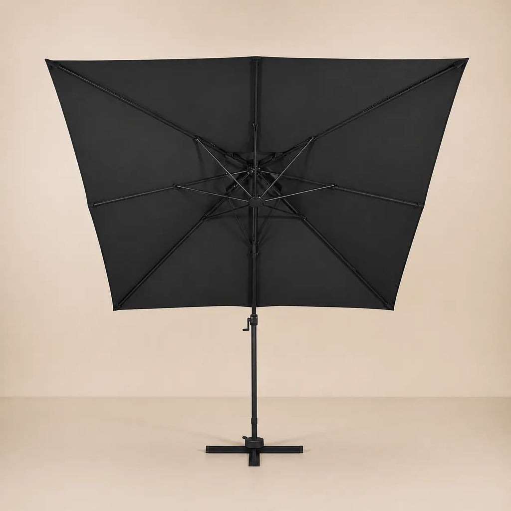 Rear view of the Levant square cantilever umbrella with eight-rib frame and vented double canopy in anthracite