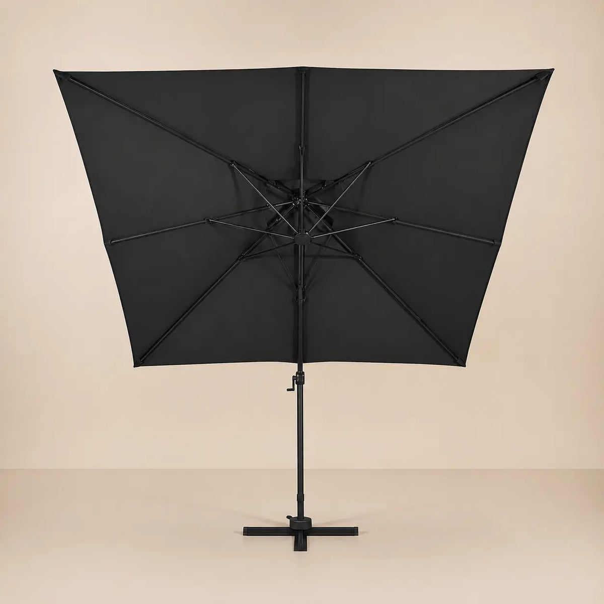 Rear view of the Levant square cantilever umbrella with eight-rib frame and vented double canopy in anthracite