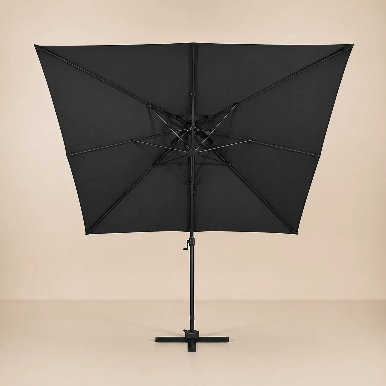 Rear view of the Levant square cantilever umbrella with eight-rib frame and vented double canopy in anthracite