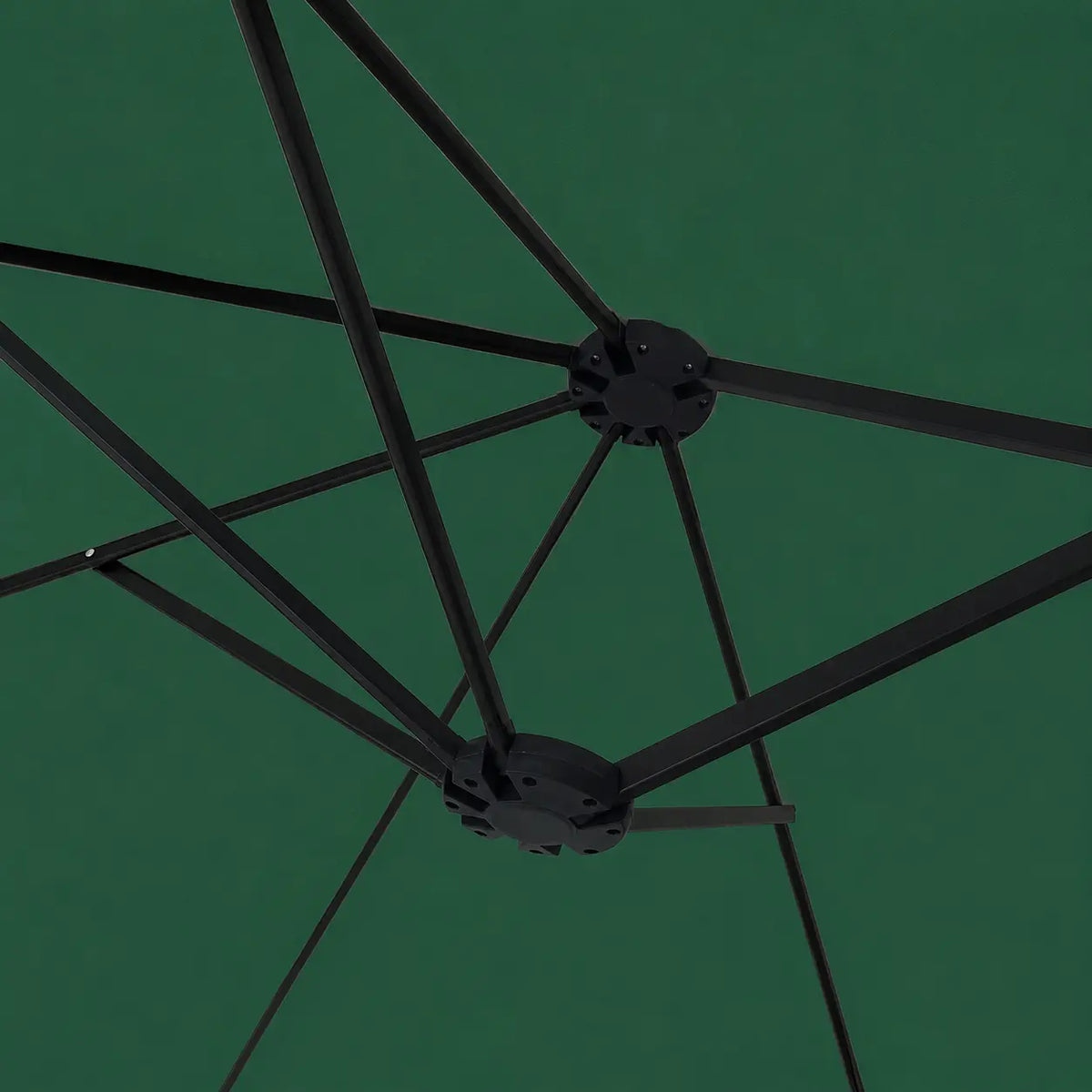 Underside view of a green double canopy market umbrella showing black metal rib frame and dual hub junction