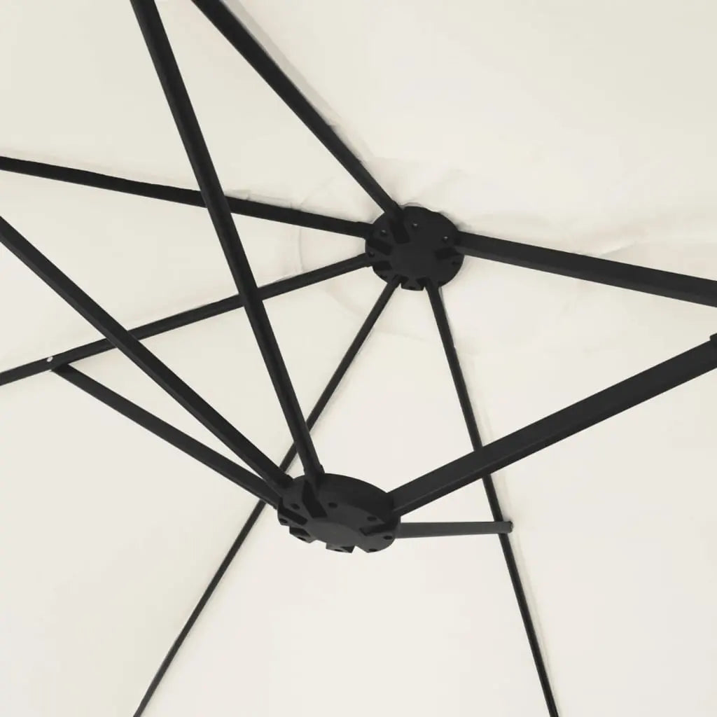 Underside view of a double canopy market umbrella showing black metal rib frame and dual hub junction