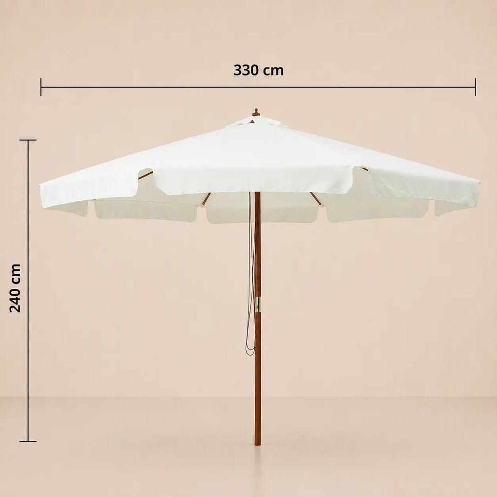 Market umbrella dimensions diagram: 330 cm diameter and 240 cm height, sand white hardwood pole