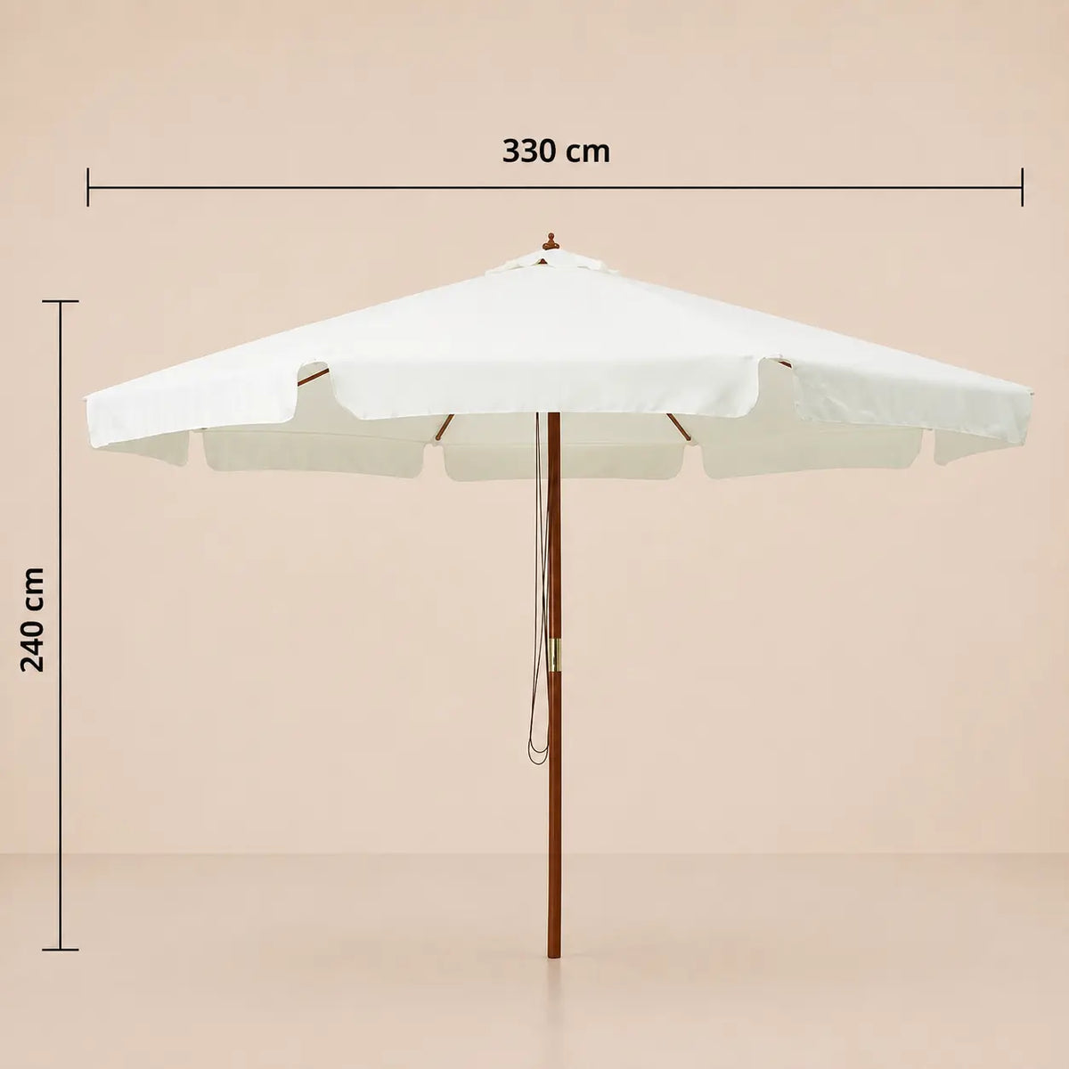 Market umbrella dimensions diagram: 330 cm diameter and 240 cm height, sand white hardwood pole