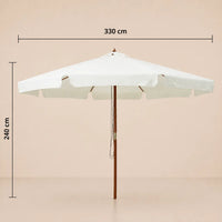 Market umbrella dimensions diagram: 330 cm diameter and 240 cm height, sand white hardwood pole