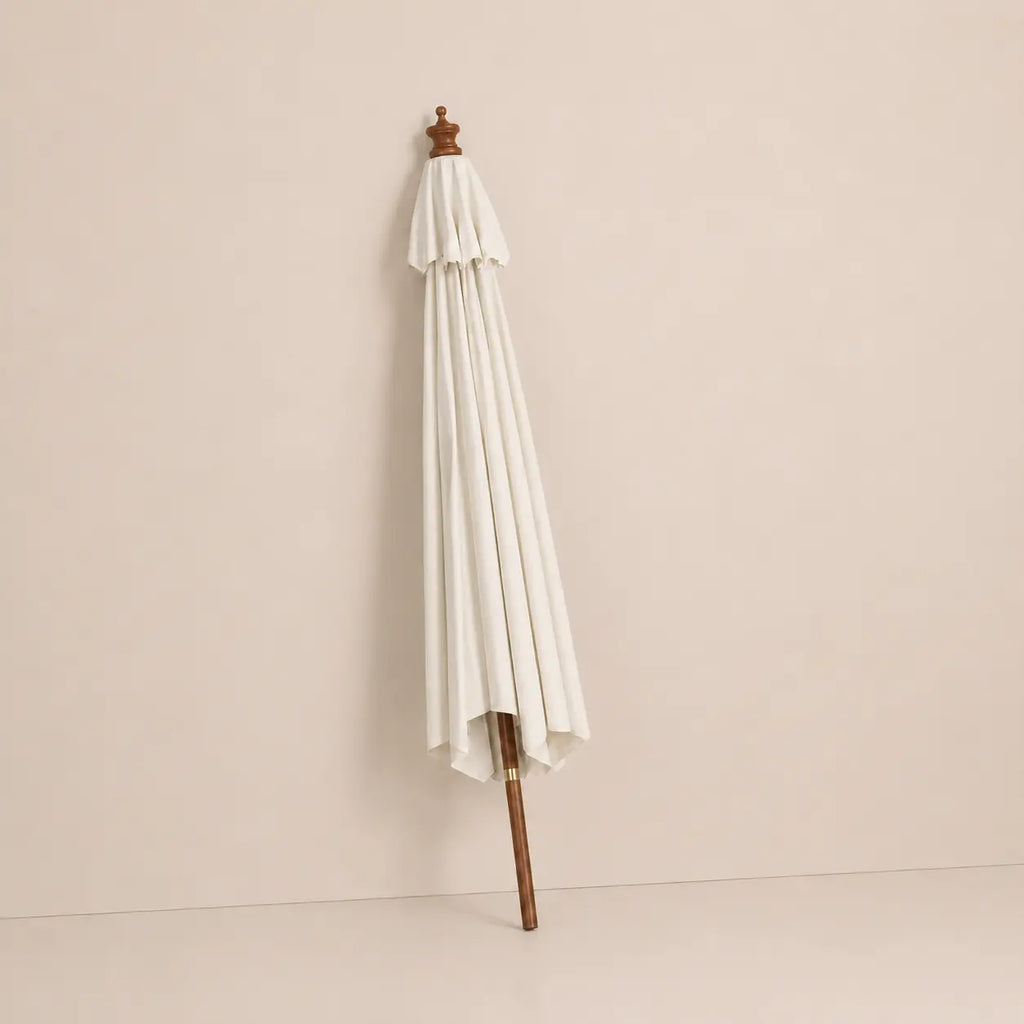 Mas 3m round market umbrella folded closed with sand canopy and turned hardwood finial for compact storage
