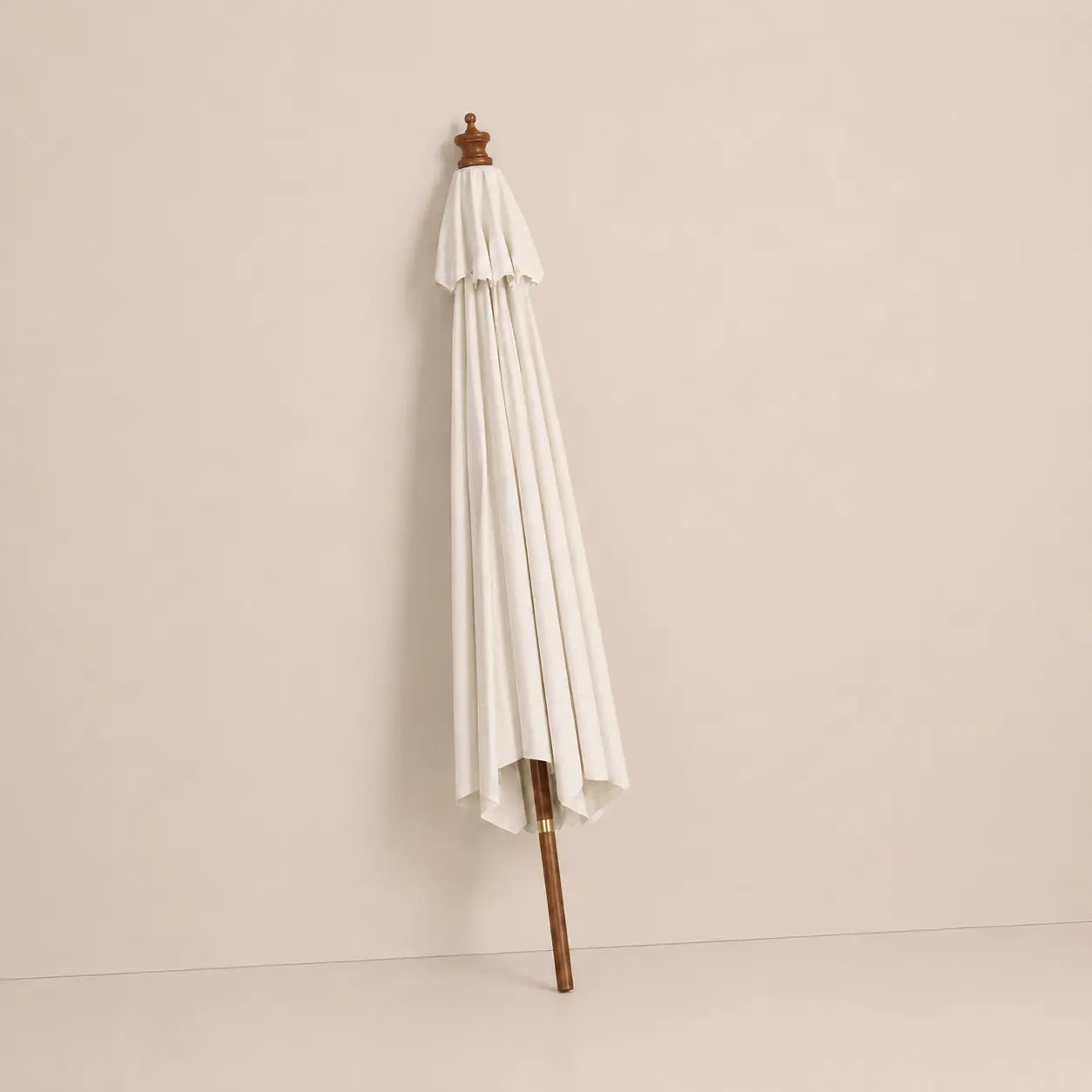 Mas 3m round market umbrella folded closed with sand canopy and turned hardwood finial for compact storage