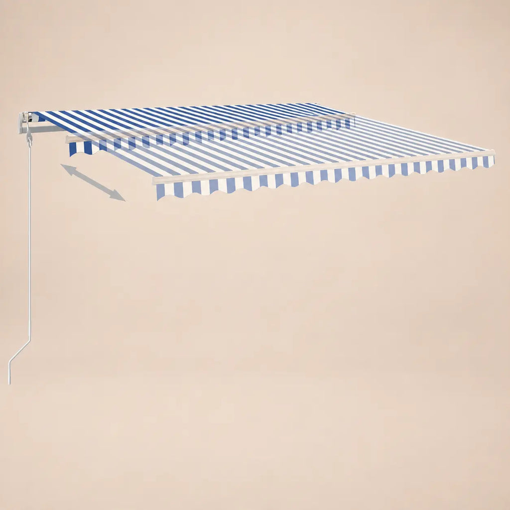 Blue and white striped retractable awning open and retracted positions with extension arrow