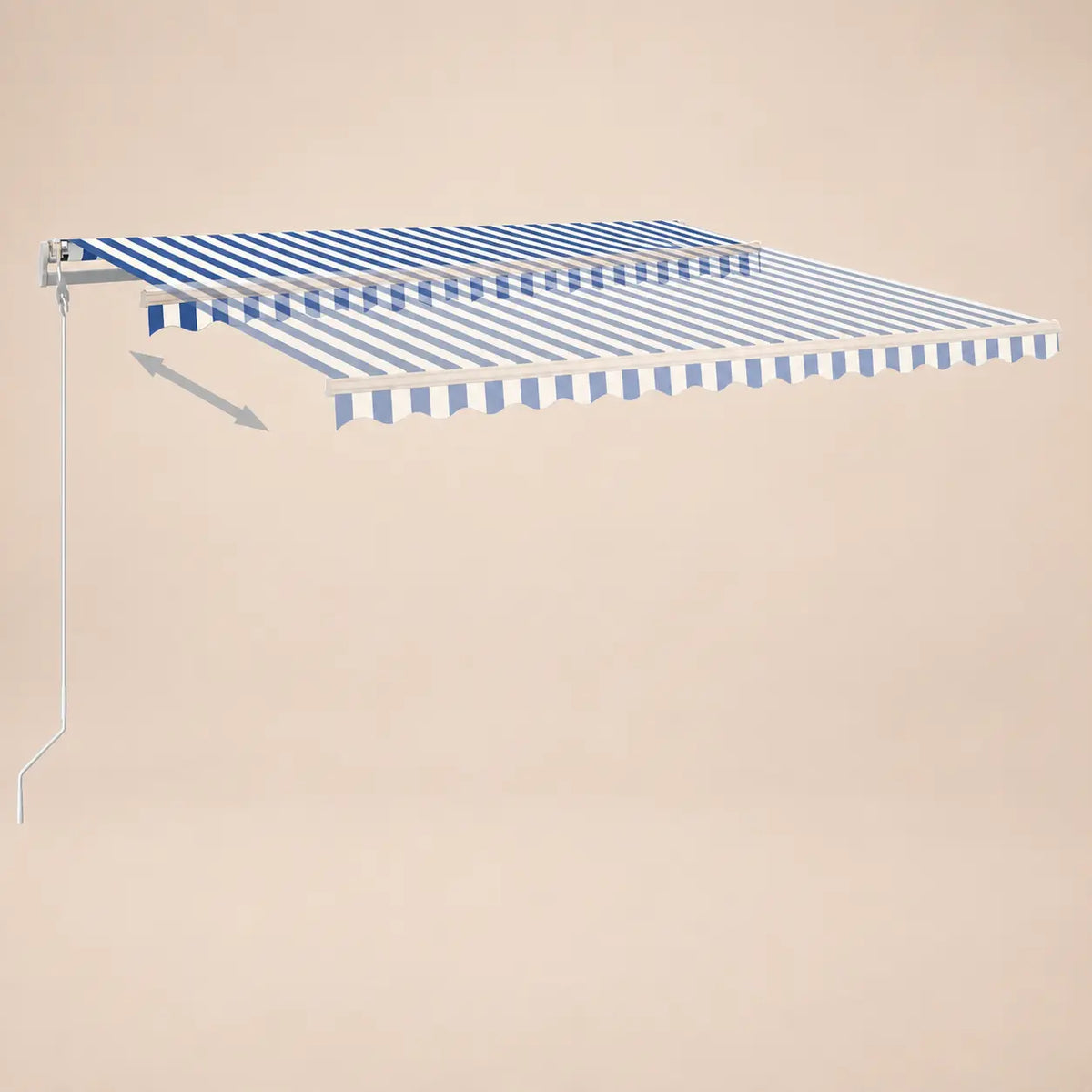 Blue and white striped retractable awning open and retracted positions with extension arrow