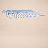 Blue and white striped retractable awning open and retracted positions with extension arrow