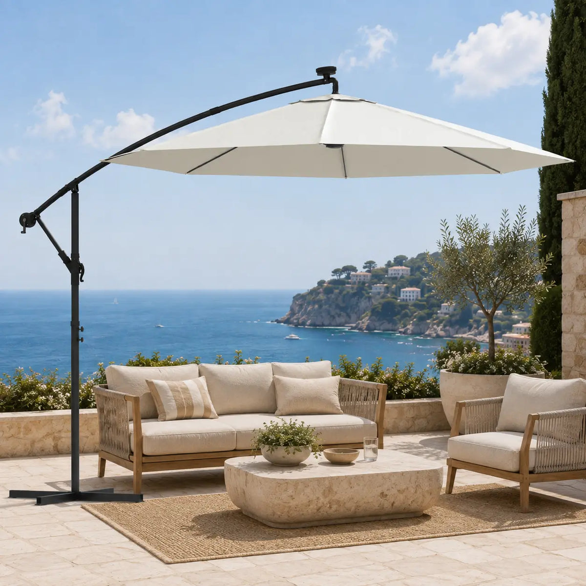 Round cantilever umbrella 3m Sand shading outdoor rope lounge set on stone coastal terrace – Solano