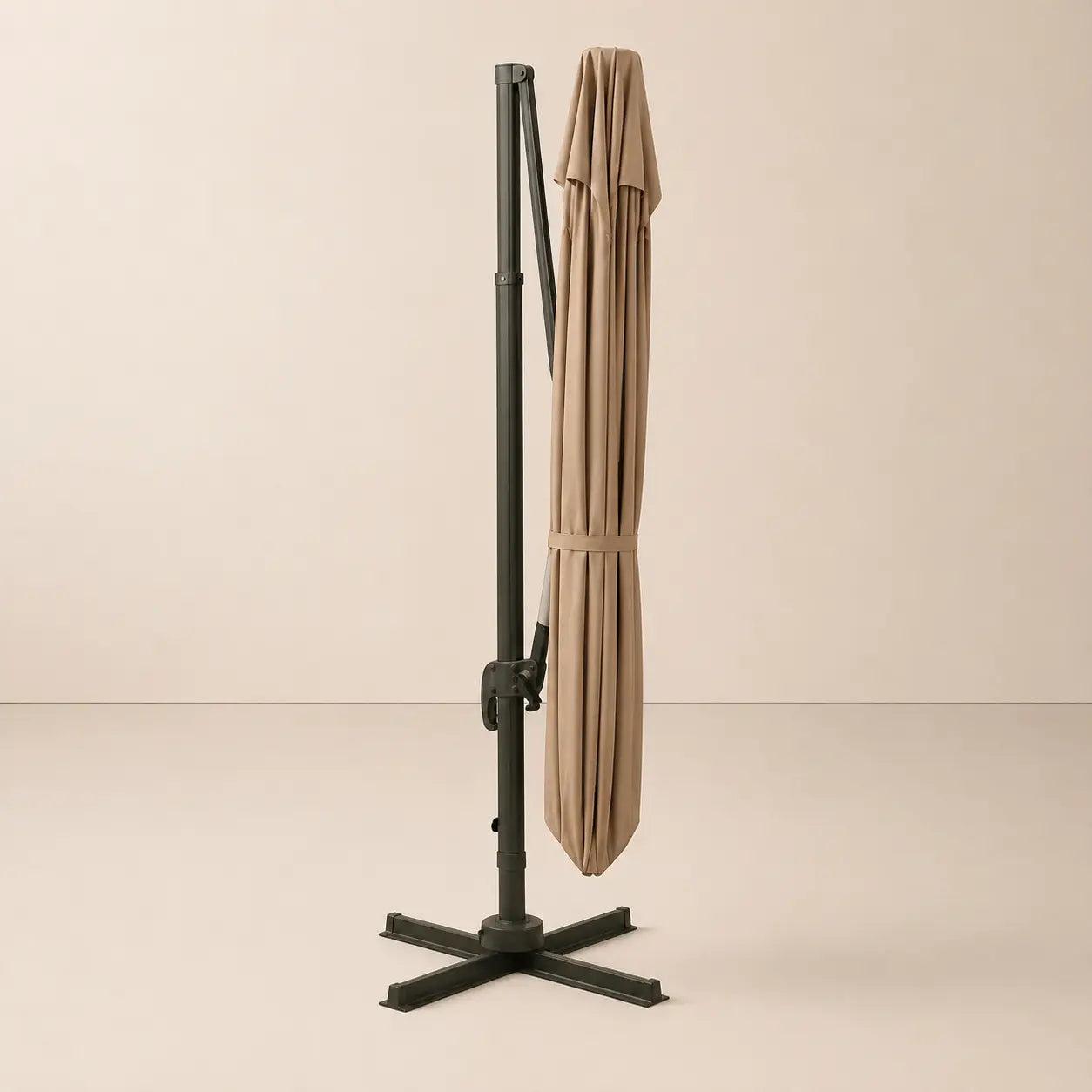 Tramontane cantilever umbrella folded and secured with fabric tie strap for compact storage