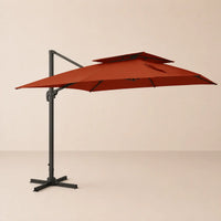 3x4m terracotta cantilever umbrella with vented double canopy open – anthracite cross base, side view, outdoor patio shade solution