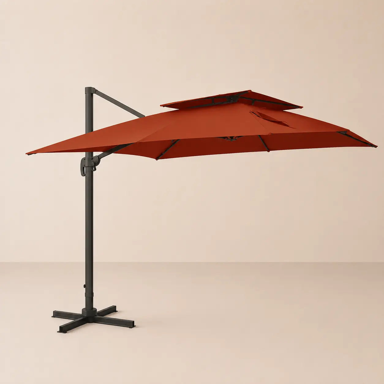 3x4m terracotta cantilever umbrella with vented double canopy open – anthracite cross base, side view, outdoor patio shade solution