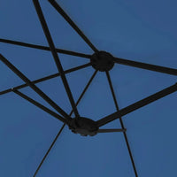 Underside view of an azure blue double canopy market umbrella showing black metal rib frame and dual hub junction