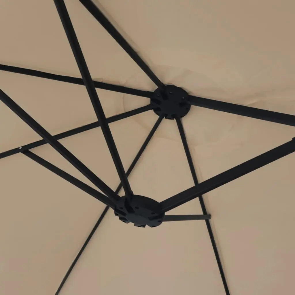 Underside view of a taupe double canopy market umbrella showing black metal rib frame and dual hub junction