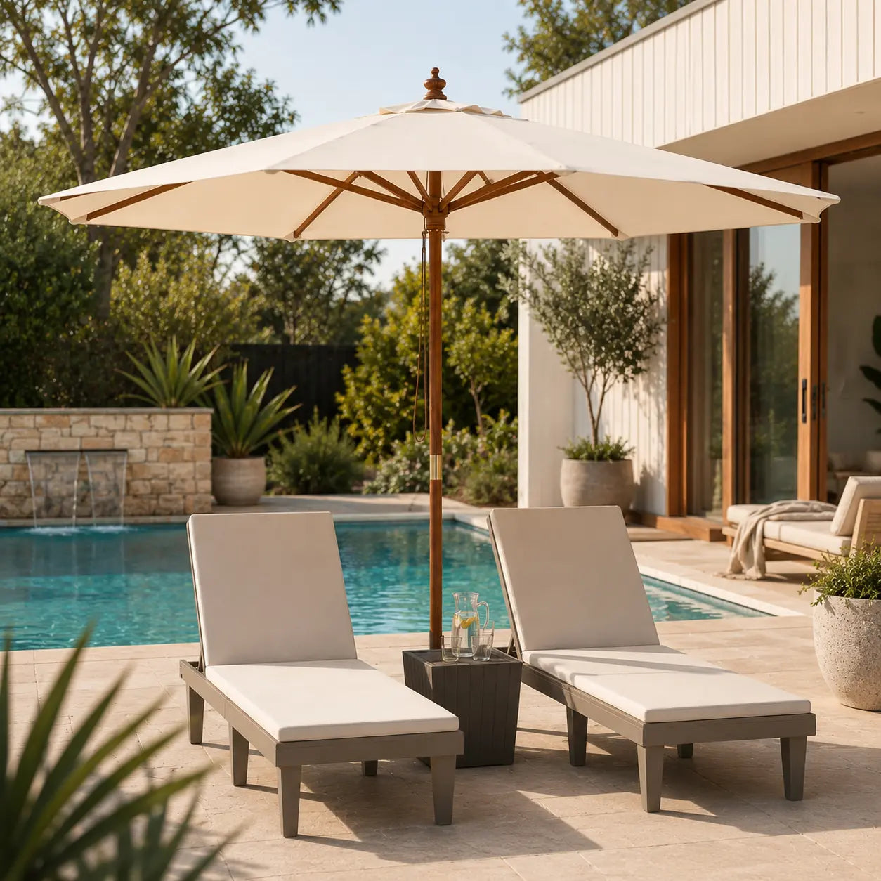 Sand market umbrella with hardwood pole providing shade over two pool loungers beside an Australian backyard pool