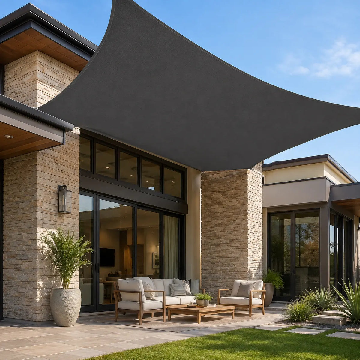 anthracite rectangular shade sail installed over an outdoor lounge area on an Australian modern home patio